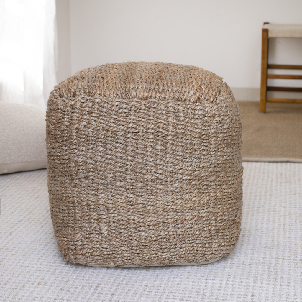 18" Natural Jute Woven Blend Cube Pouf Ottoman-Ottomans-DECOROLALA