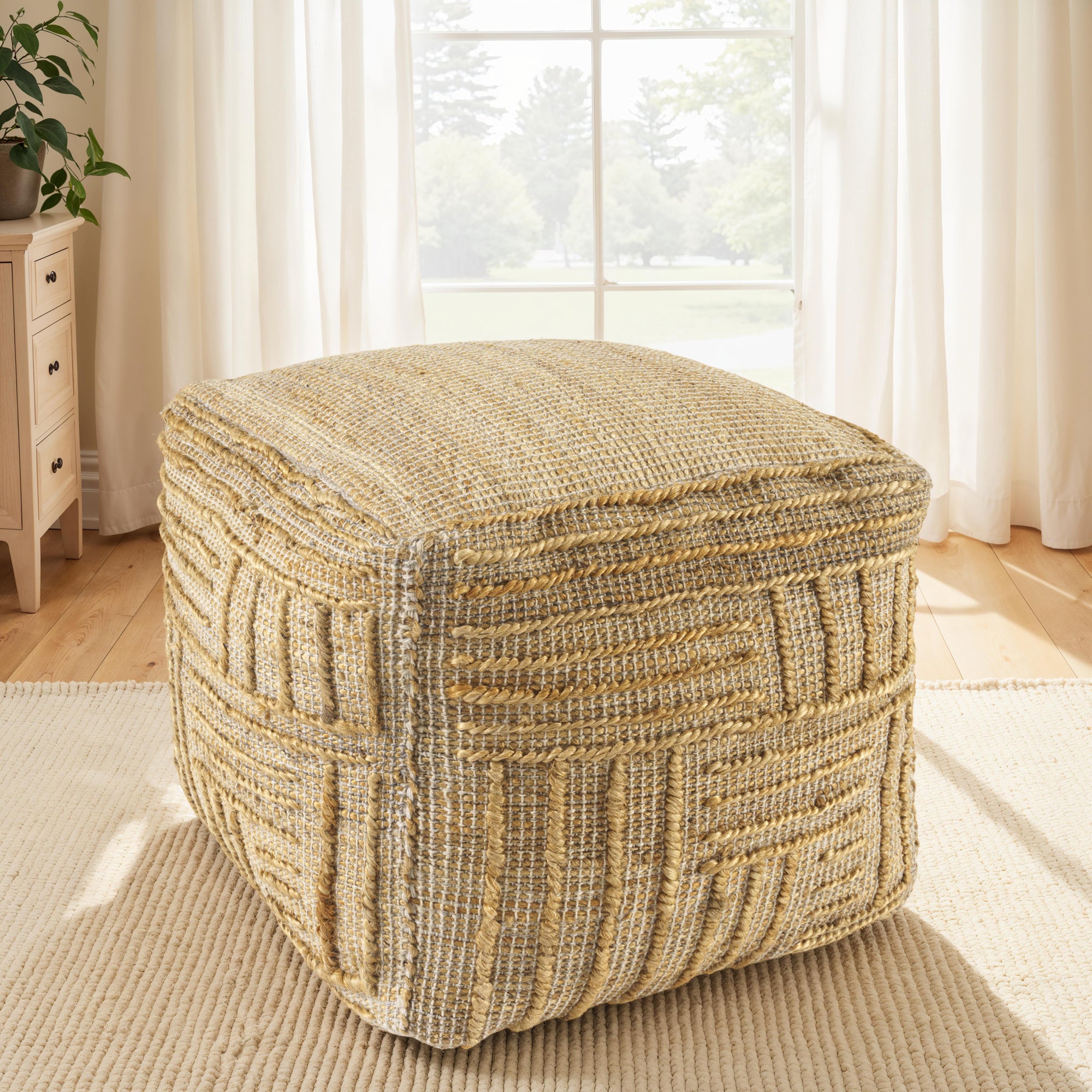 18" Natural Jute Blend Cube Striped Pouf Ottoman-Ottomans-DECOROLALA