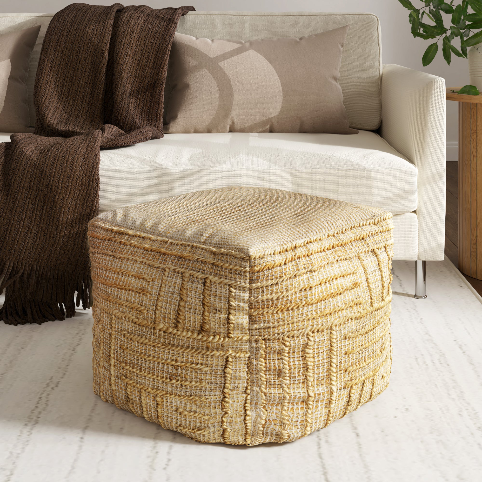 18" Natural Jute Blend Cube Striped Pouf Ottoman-Ottomans-DECOROLALA