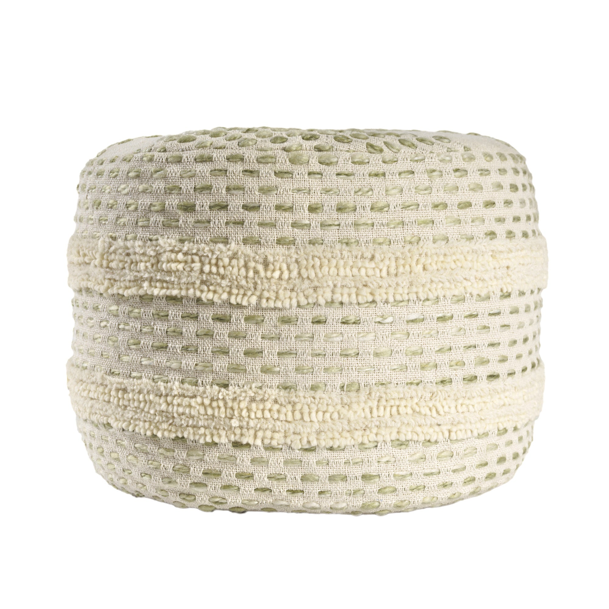 18" Ivory And Green Cotton Blend Round Striped Pouf Ottoman-Ottomans-DECOROLALA