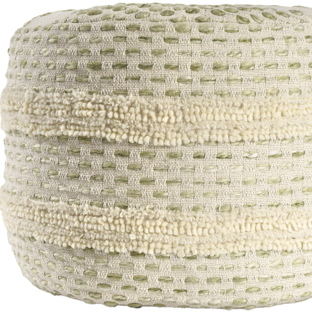 18" Ivory And Green Cotton Blend Round Striped Pouf Ottoman-Ottomans-DECOROLALA