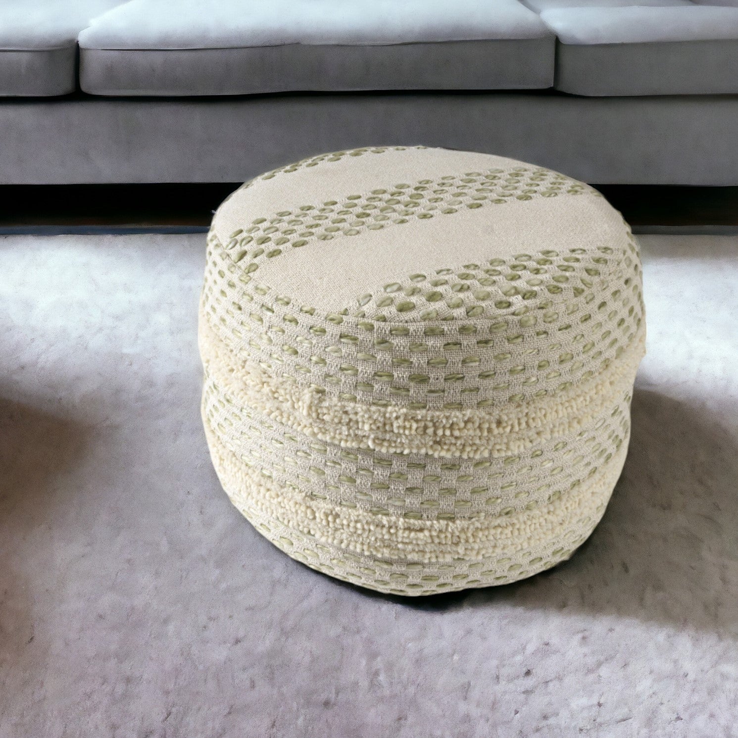 18" Ivory And Green Cotton Blend Round Striped Pouf Ottoman-Ottomans-DECOROLALA
