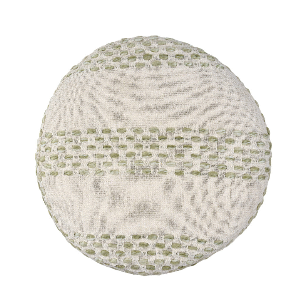 18" Ivory And Green Cotton Blend Round Striped Pouf Ottoman-Ottomans-DECOROLALA