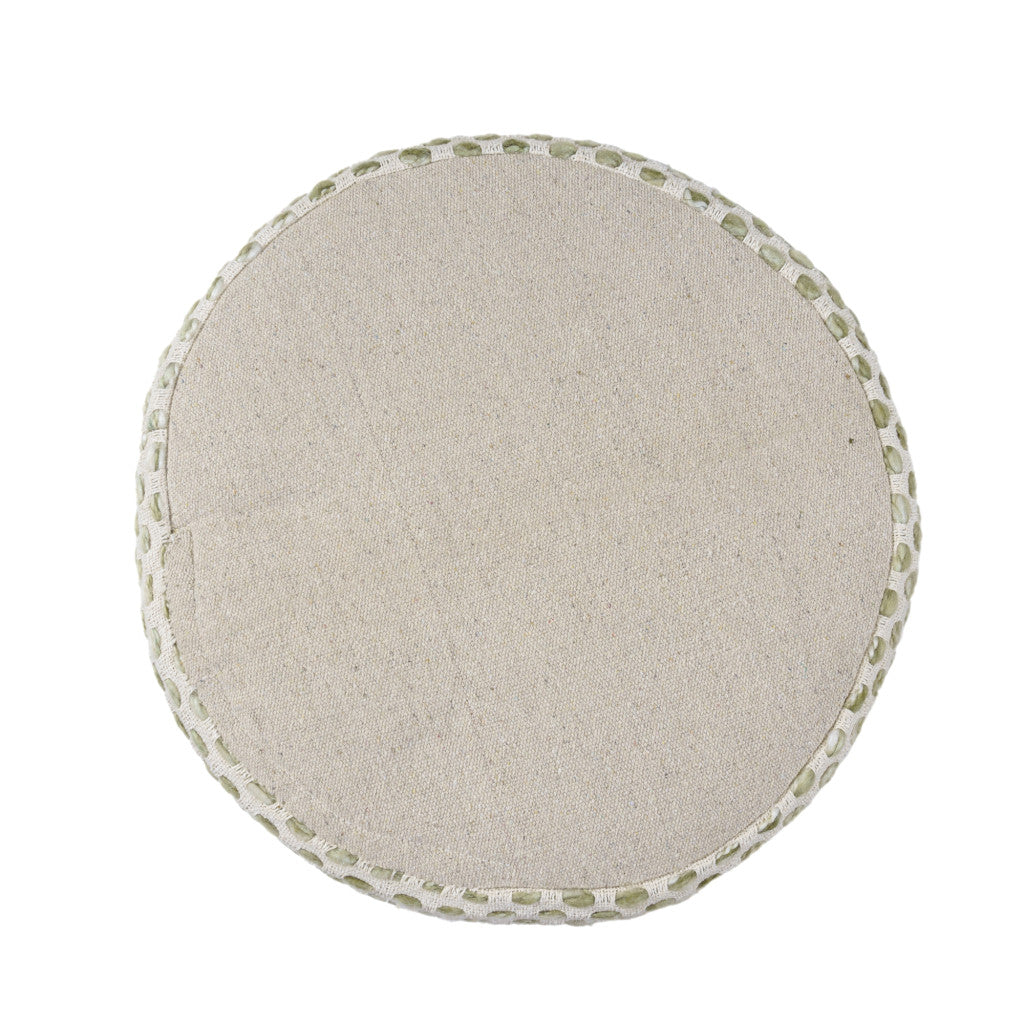 18" Ivory And Green Cotton Blend Round Striped Pouf Ottoman-Ottomans-DECOROLALA