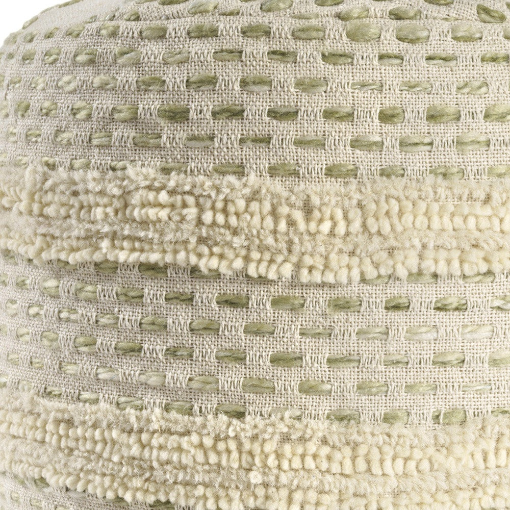 18" Ivory And Green Cotton Blend Round Striped Pouf Ottoman-Ottomans-DECOROLALA