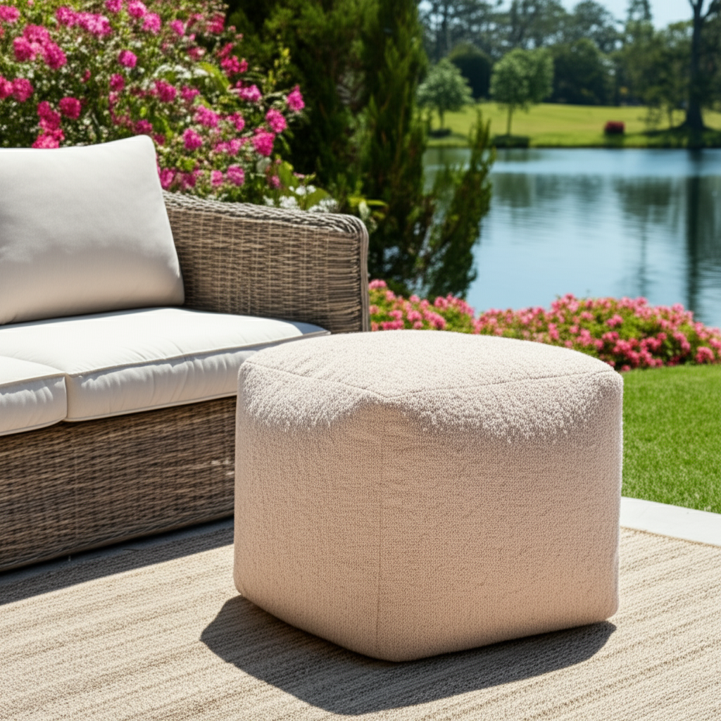 18" Taupe Polyester Cube Outdoor Pouf Ottoman-0