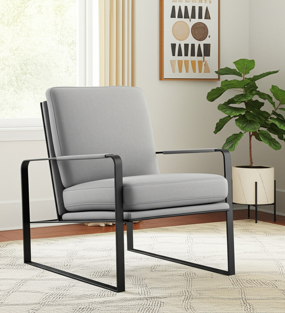 35" Light Gray and Black Velvet And Metal Lounge Chair-0
