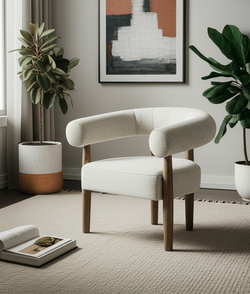 29" Off White and Ash Gray Fabric And Wood Arm Chair-0