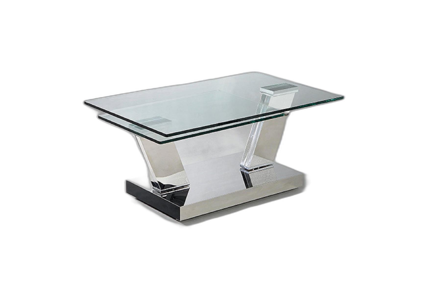 32" Clear And Silver Glass And Stainless Steel Floor Shelf Coffee Table-1