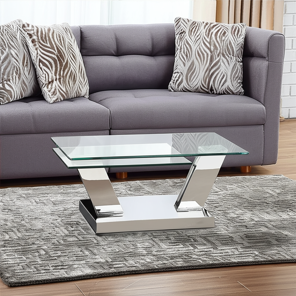 32" Clear And Silver Glass And Stainless Steel Floor Shelf Coffee Table-0