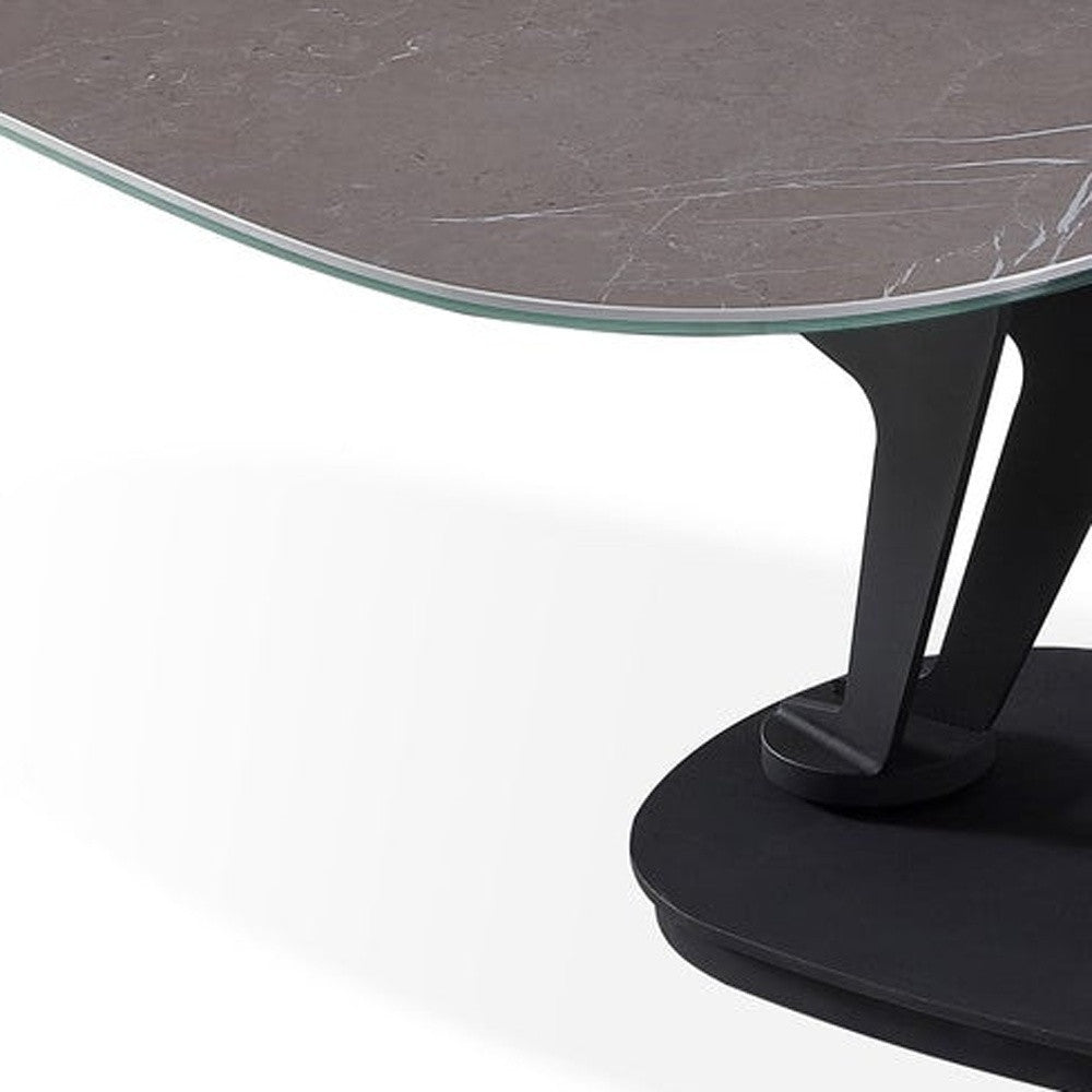 36" Gray And Black Faux Marble And Metal Oval Coffee Table-3