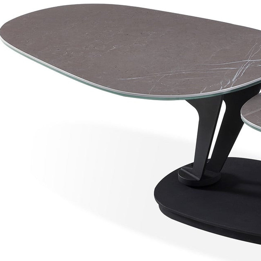 36" Gray And Black Faux Marble And Metal Oval Coffee Table-4