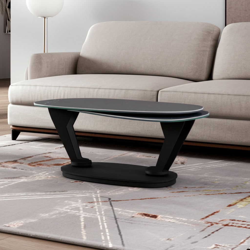 36" Gray And Black Faux Marble And Metal Oval Coffee Table-0
