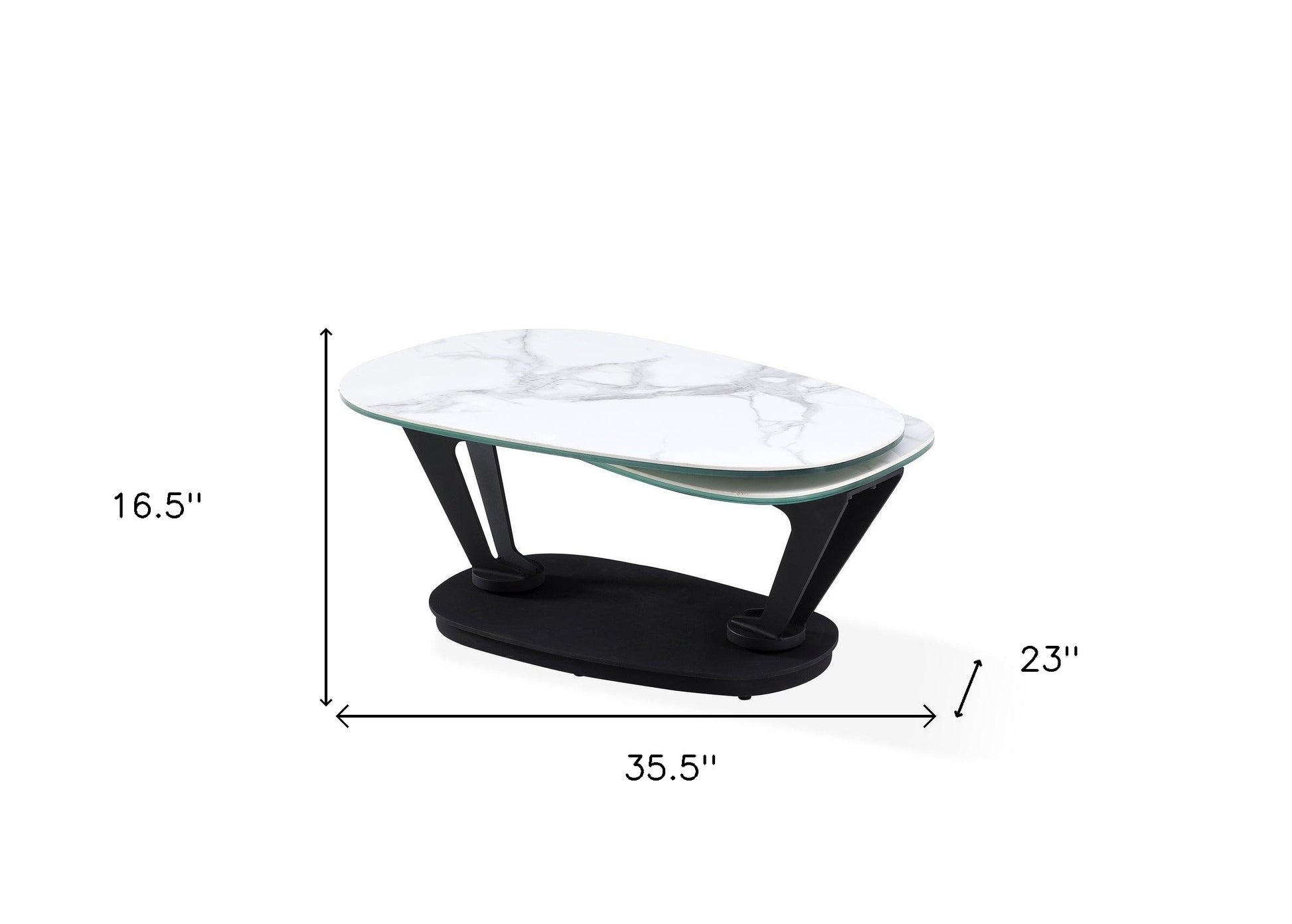 36" White And Black Faux Marble And Metal Oval Coffee Table-5