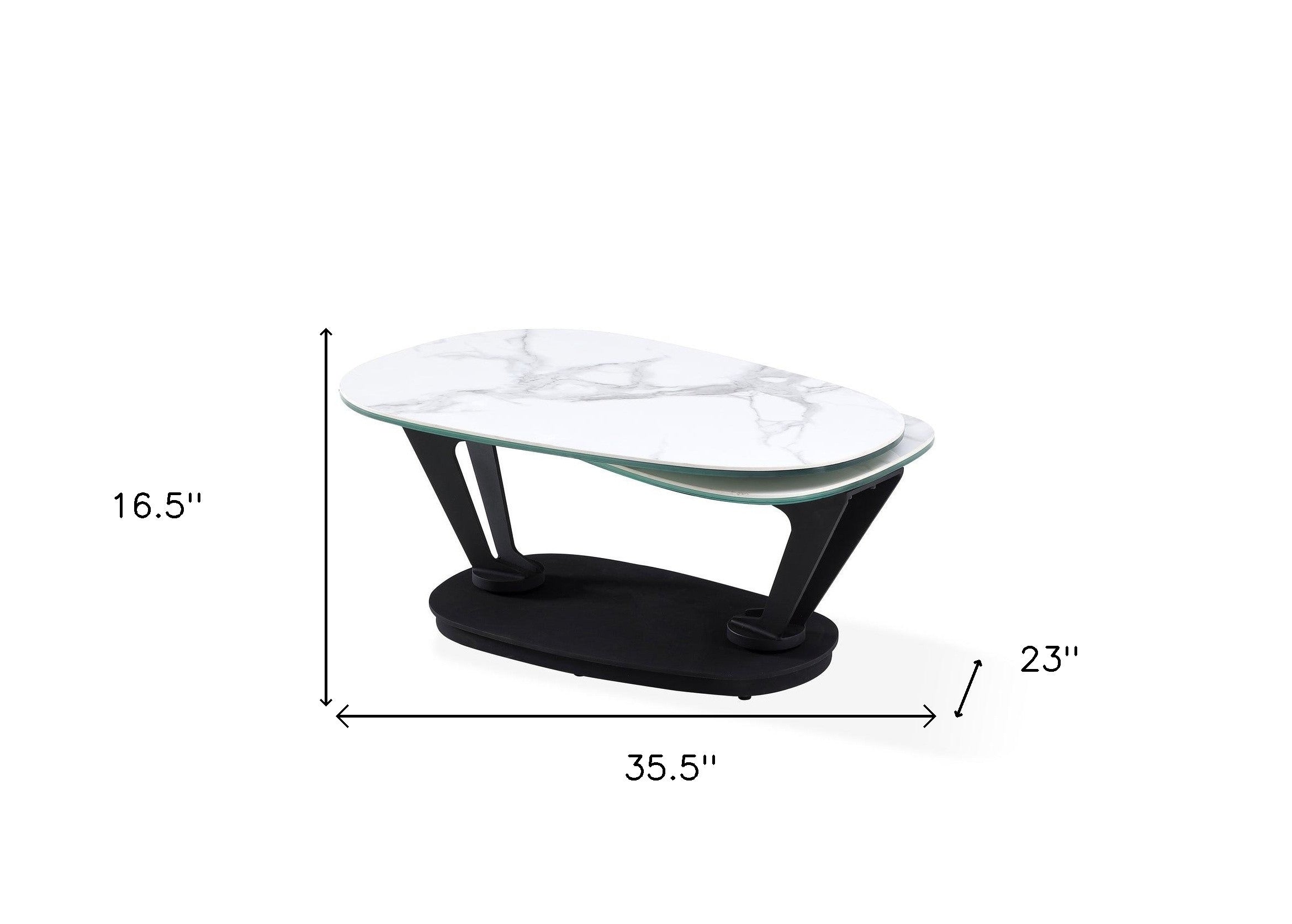 36" White And Black Faux Marble And Metal Oval Coffee Table-5