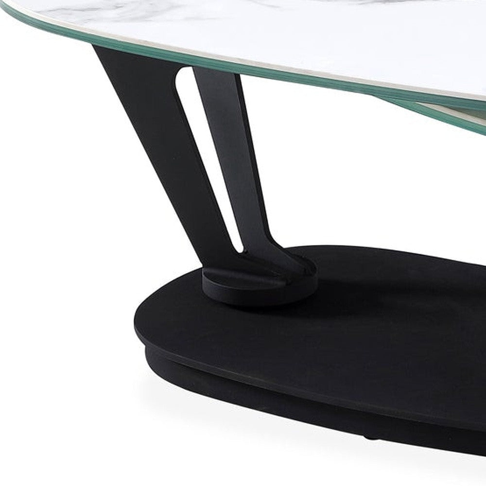 36" White And Black Faux Marble And Metal Oval Coffee Table-4