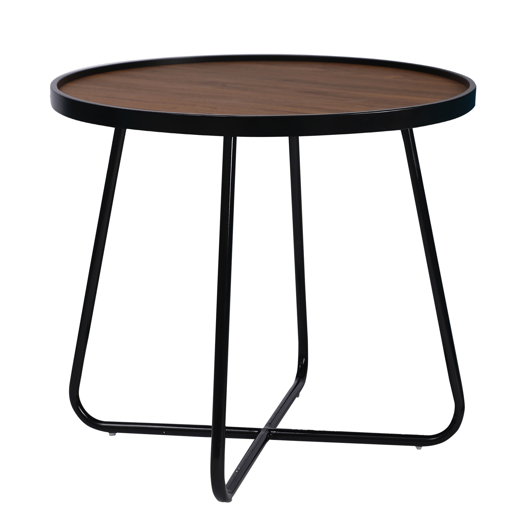 24" Black Wood And Metal Round Cross Legs Coffee Table-1