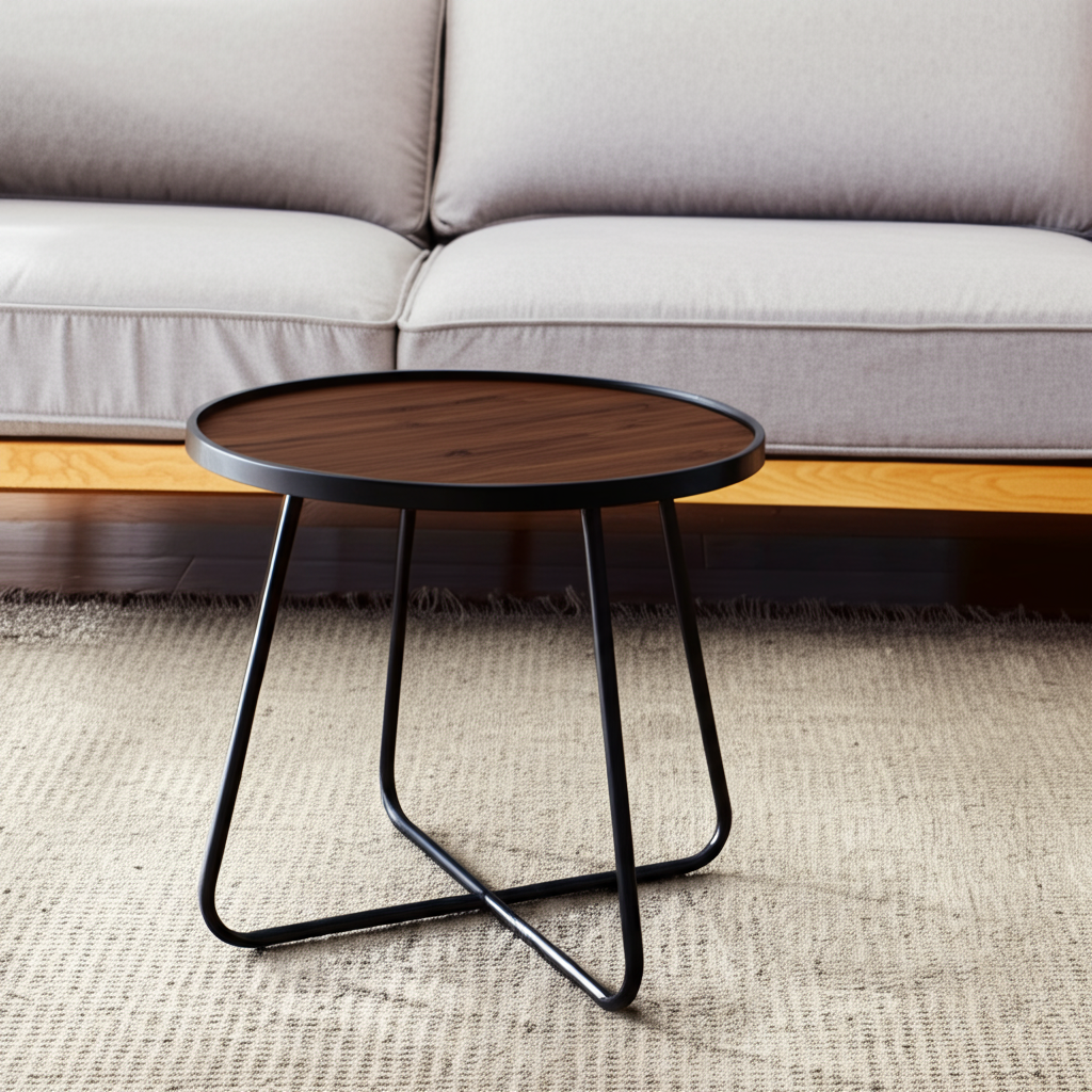 24" Black Wood And Metal Round Cross Legs Coffee Table-0