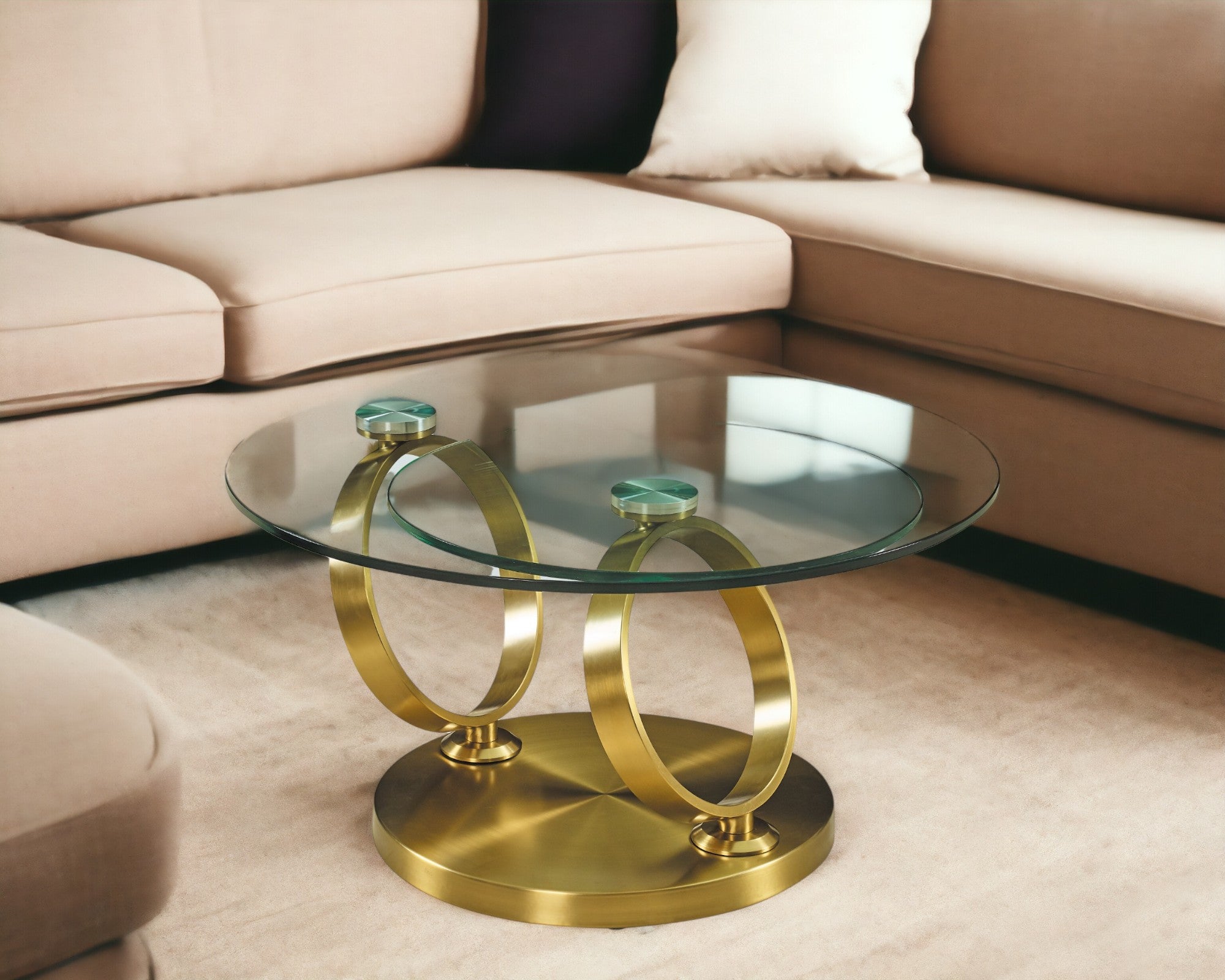32" Clear And Gold Glass And Metal Round Abstract Coffee Table-0