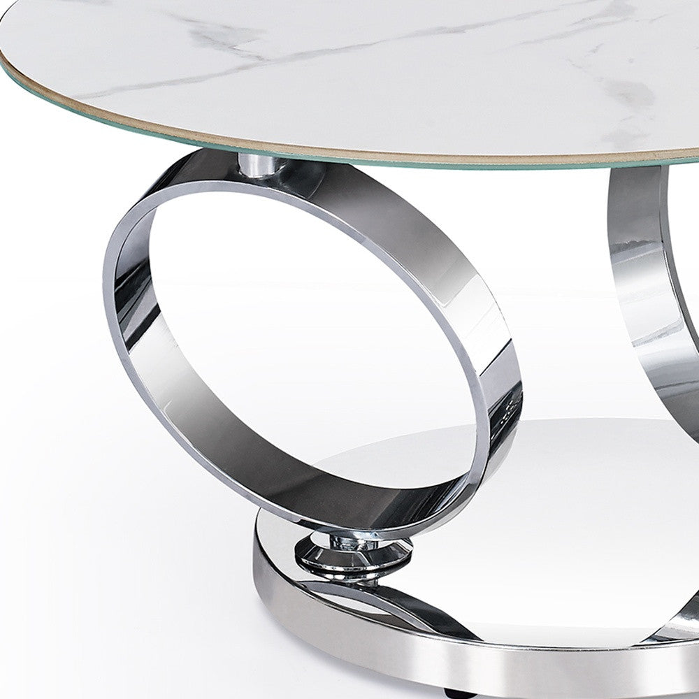 32" White And Silver Ceramic Tile And Metal Round Abstract Coffee Table-4