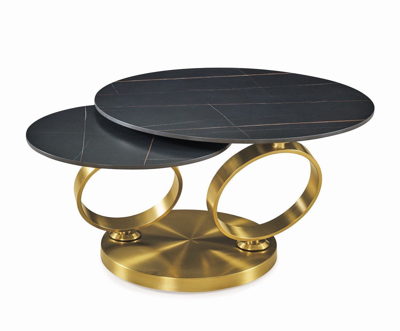 32" Black And Gold Ceramic Tile And Metal Round Distressed Abstract Coffee Table-2
