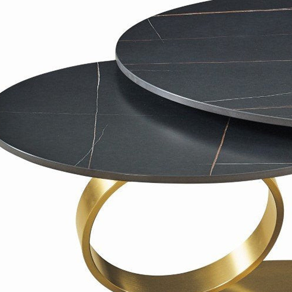 32" Black And Gold Ceramic Tile And Metal Round Distressed Abstract Coffee Table-3