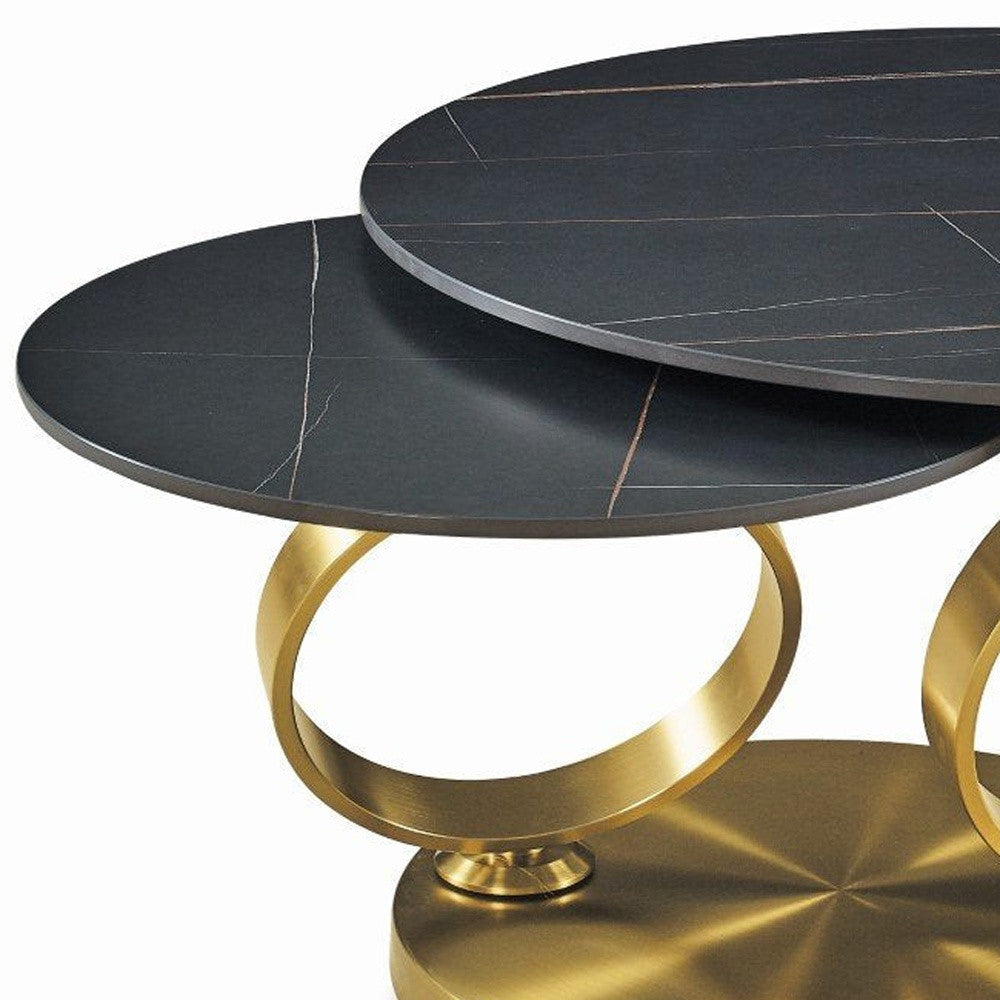 32" Black And Gold Ceramic Tile And Metal Round Distressed Abstract Coffee Table-4