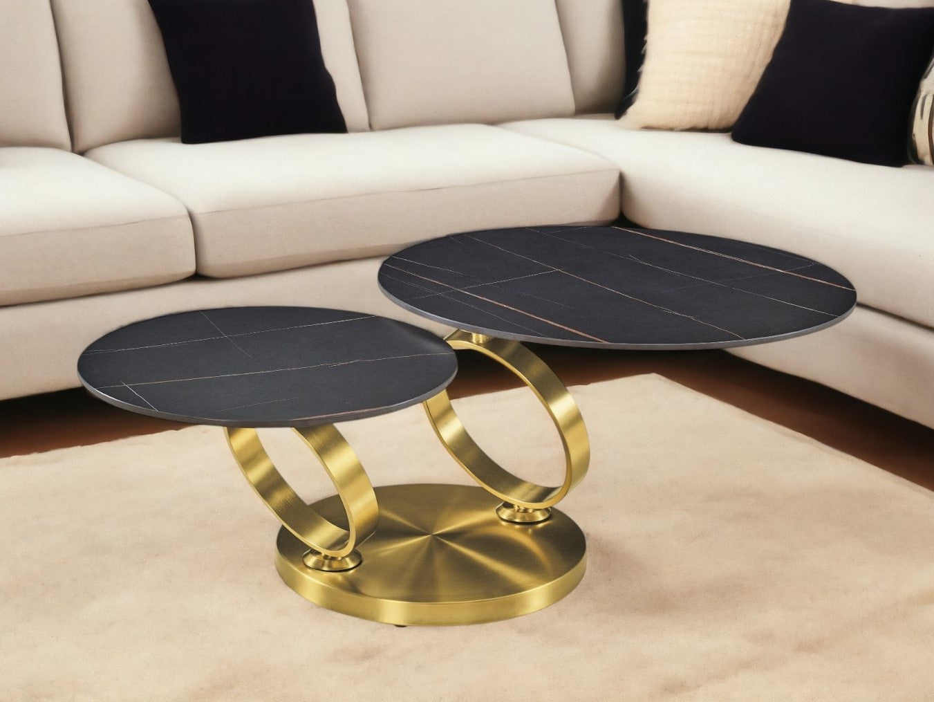 32" Black And Gold Ceramic Tile And Metal Round Distressed Abstract Coffee Table-0