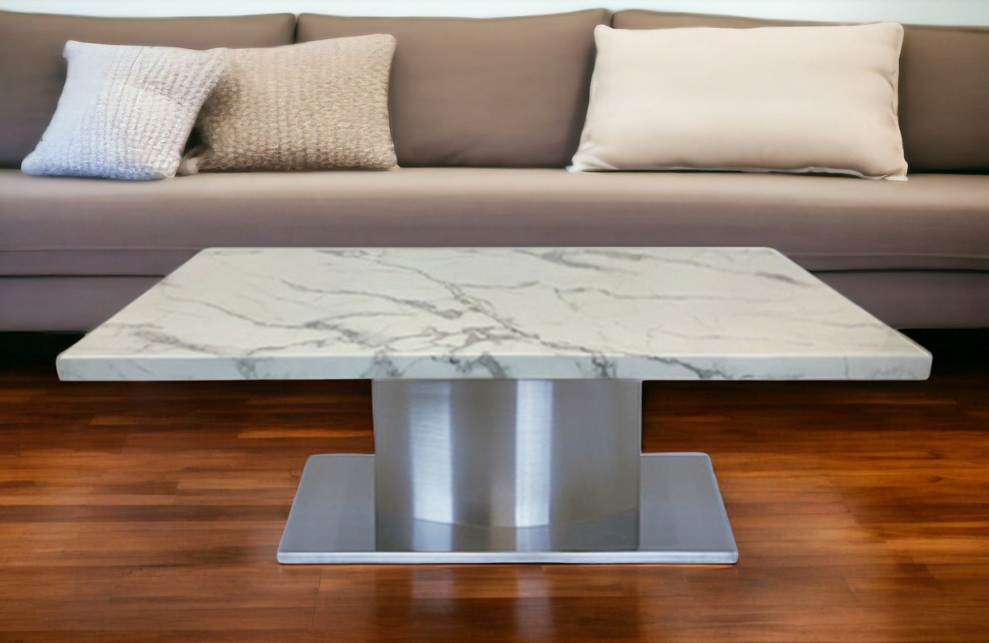 51" White And Silver Genuine Marble And Stainless Steel Pedestal Coffee Table-0
