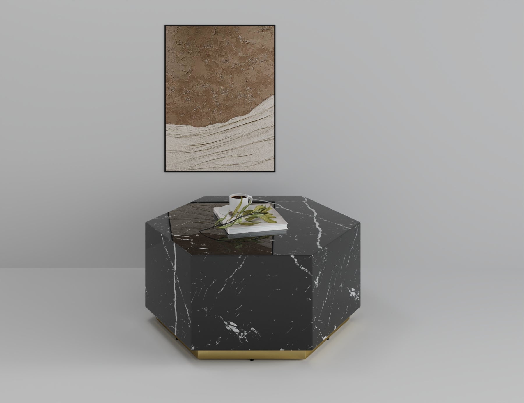 35" Black And Gold Faux Marble Hexagon Drum Coffee Table-5