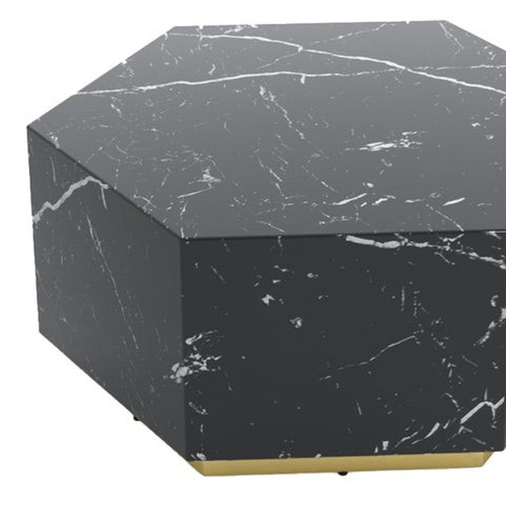 35" Black And Gold Faux Marble Hexagon Drum Coffee Table-4