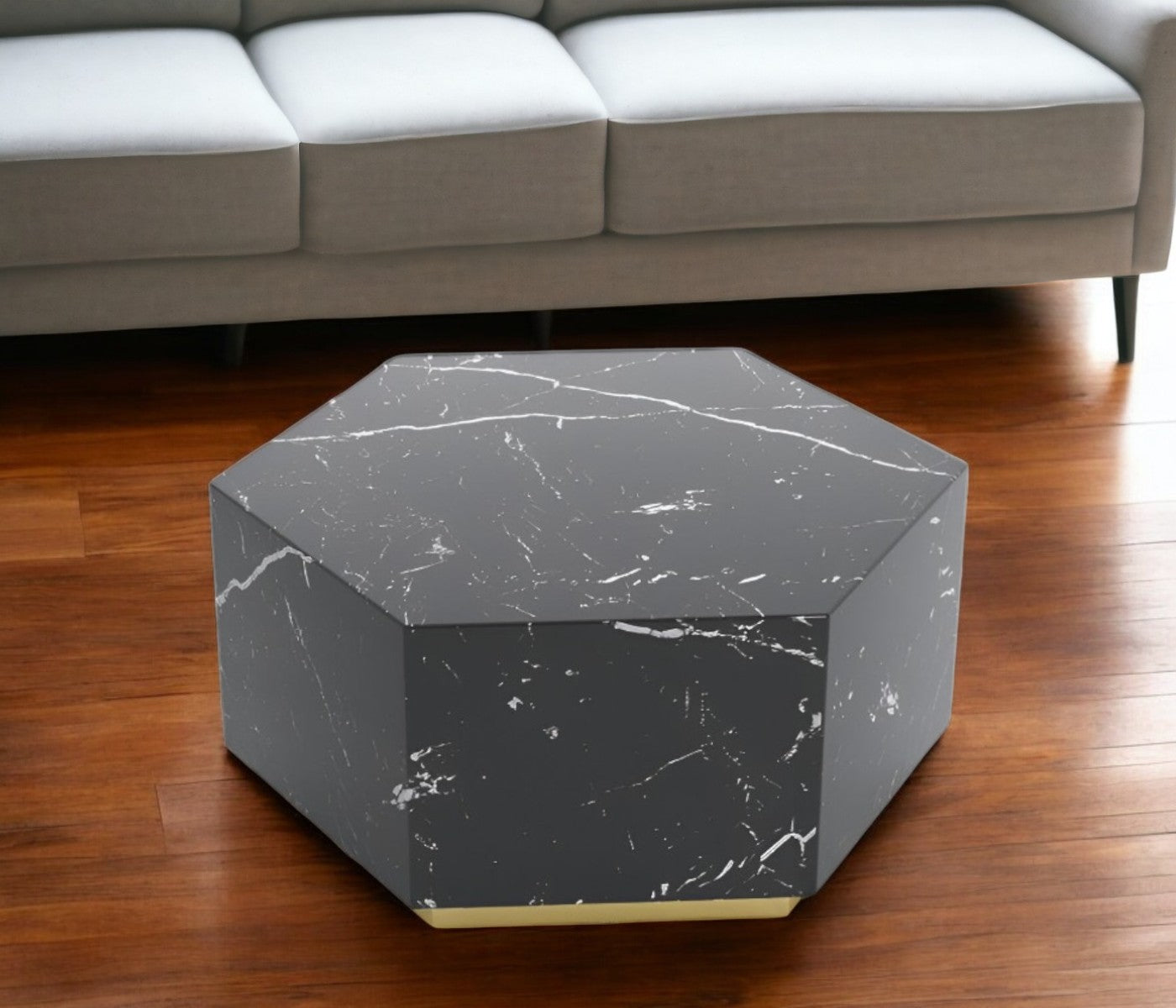 35" Black And Gold Faux Marble Hexagon Drum Coffee Table-0
