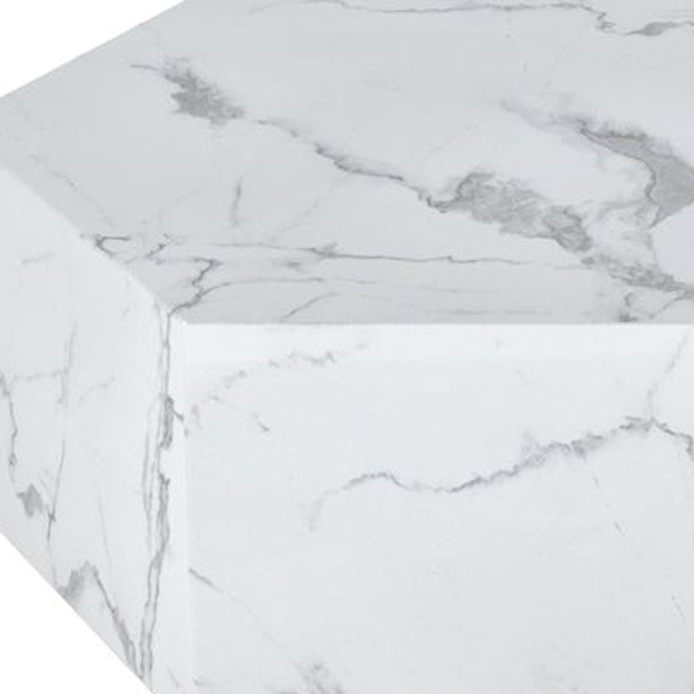 35" White And Gold Faux Marble Hexagon Drum Coffee Table-4