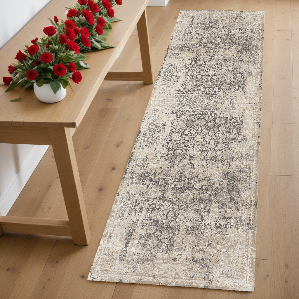 7' Gray Floral Runner Rug-0