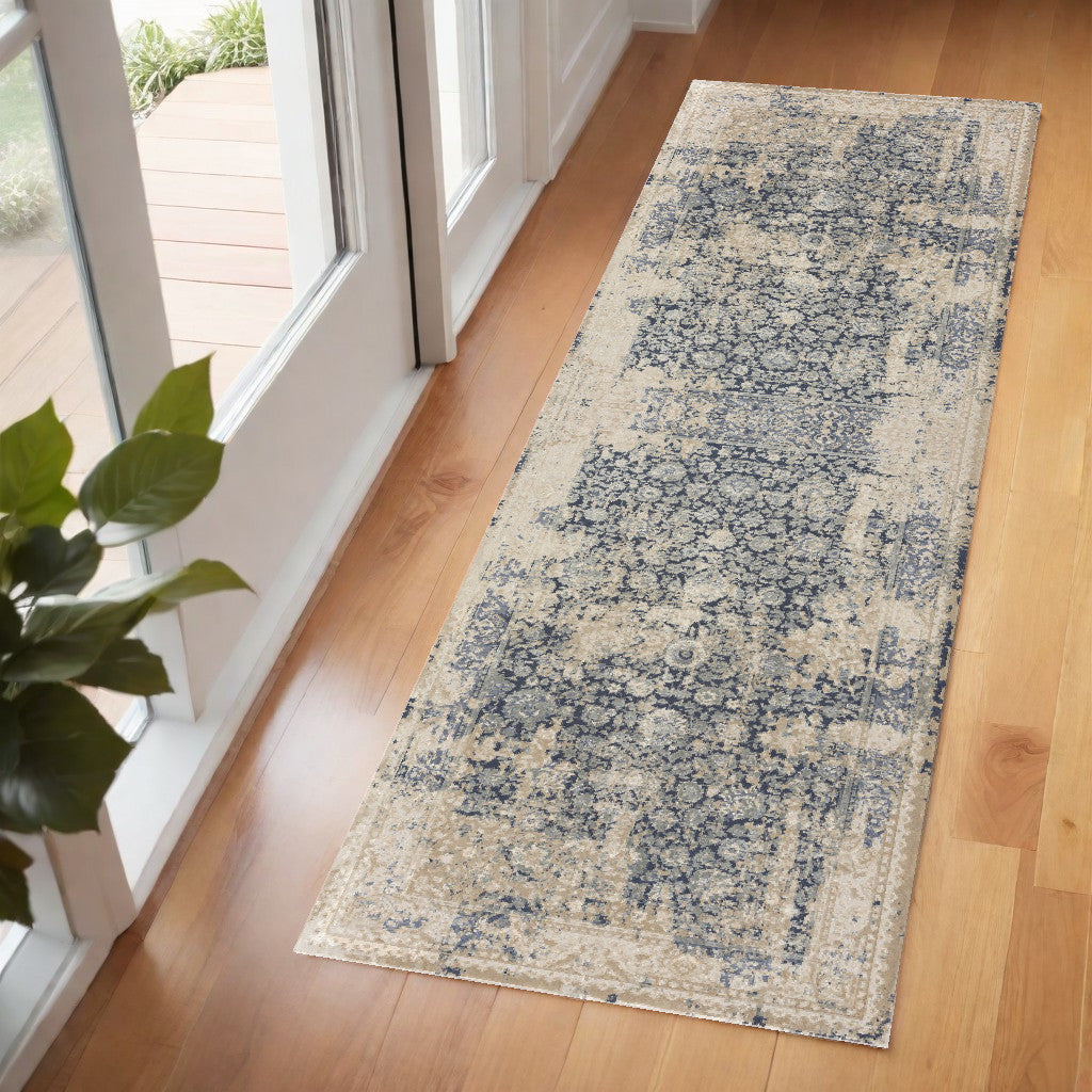 7' Blue Floral Runner Rug-0