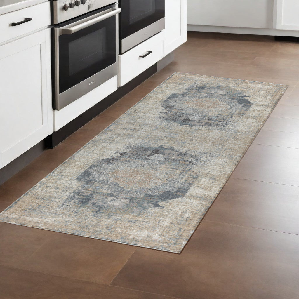 8' Beige Medallion Runner Rug-1