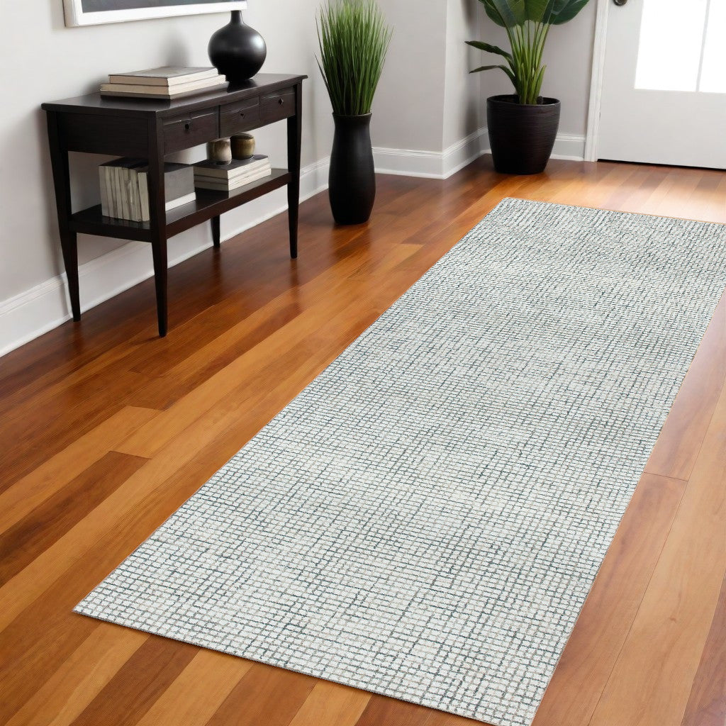 8' Gray And Ivory Wool Checkered Hand Hooked Runner Rug-0