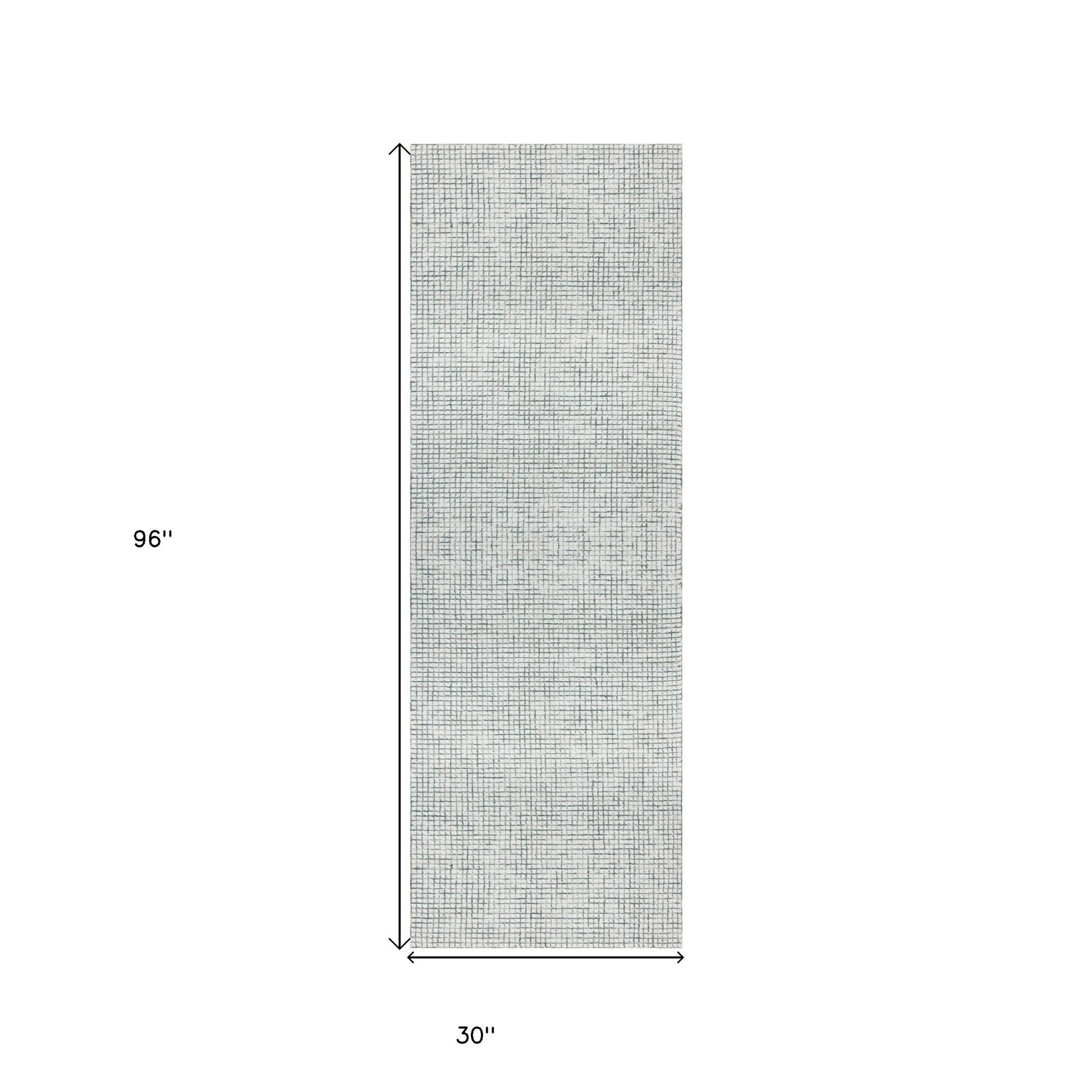 8' Gray And Ivory Wool Checkered Hand Hooked Runner Rug-2