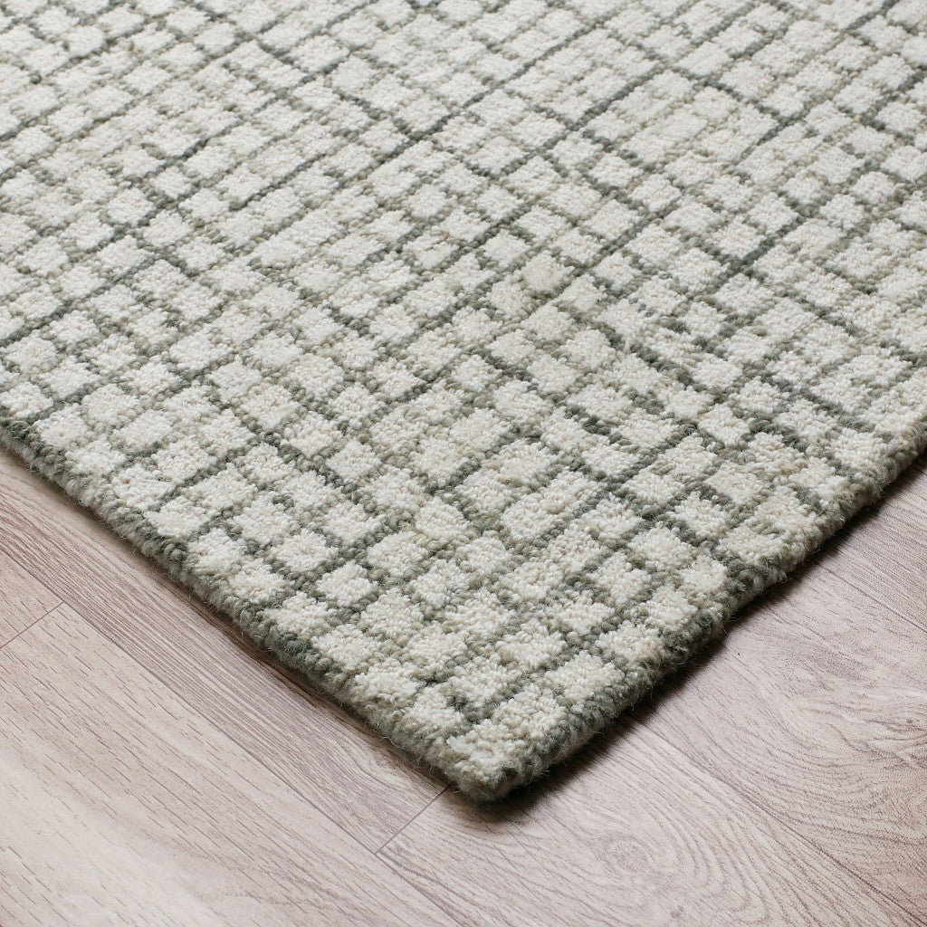 8' Gray And Ivory Wool Checkered Hand Hooked Runner Rug-5