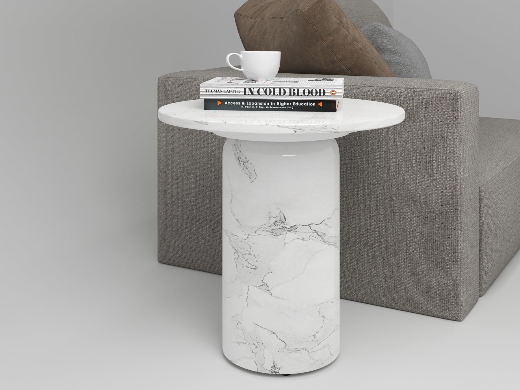 16" White Marble and Wood Round Pedestal End Table-6