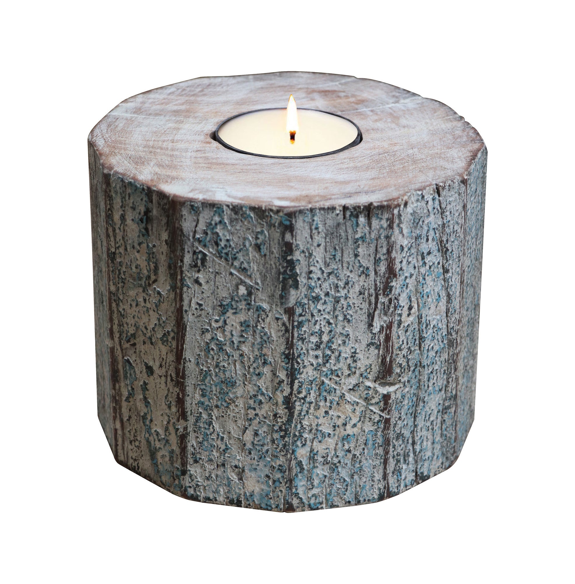 5" Brown And White Solid Wood Tabletop Tealight Candle Holder-Candle Holders-DECOROLALA