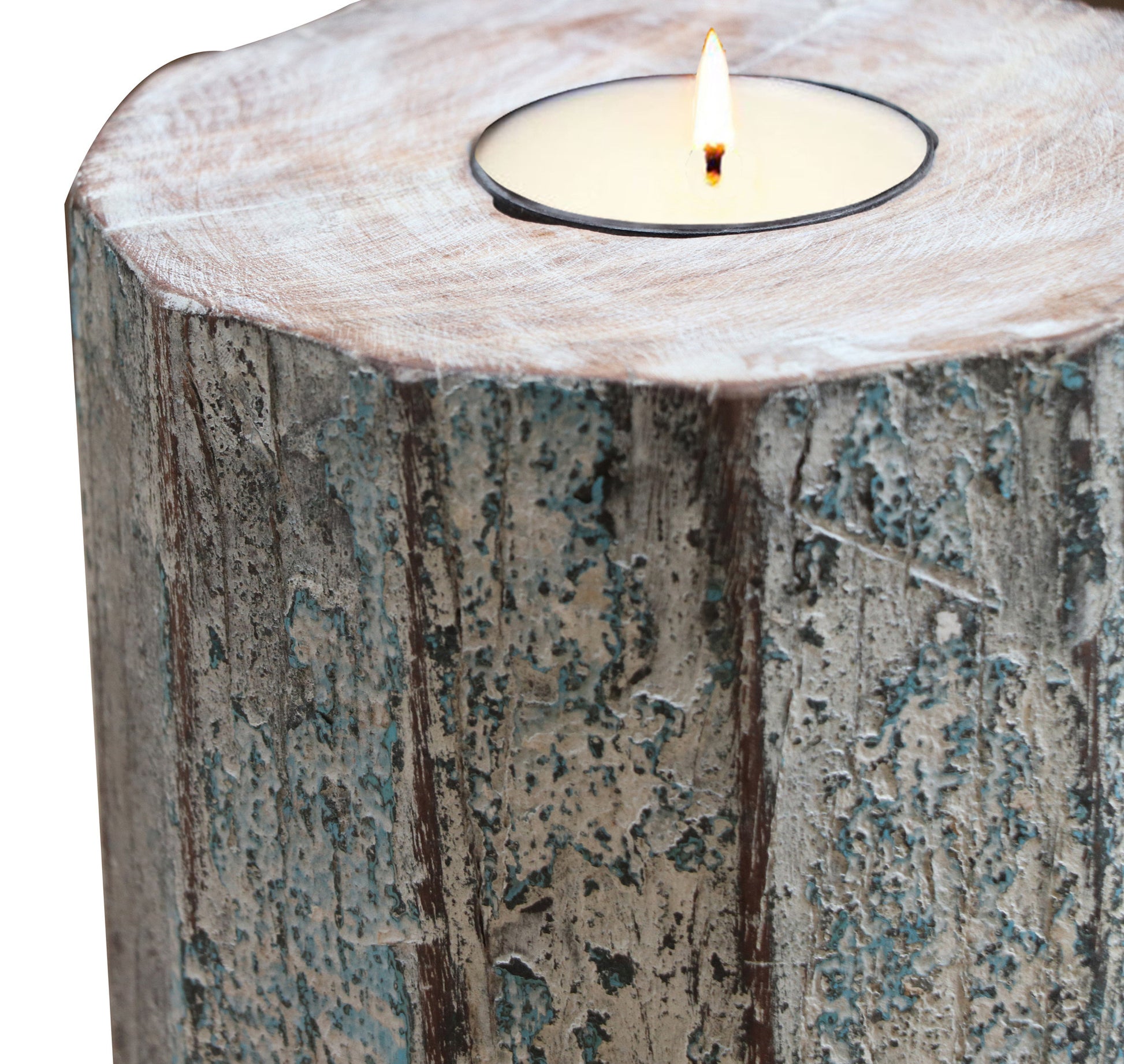 5" Brown And White Solid Wood Tabletop Tealight Candle Holder-Candle Holders-DECOROLALA