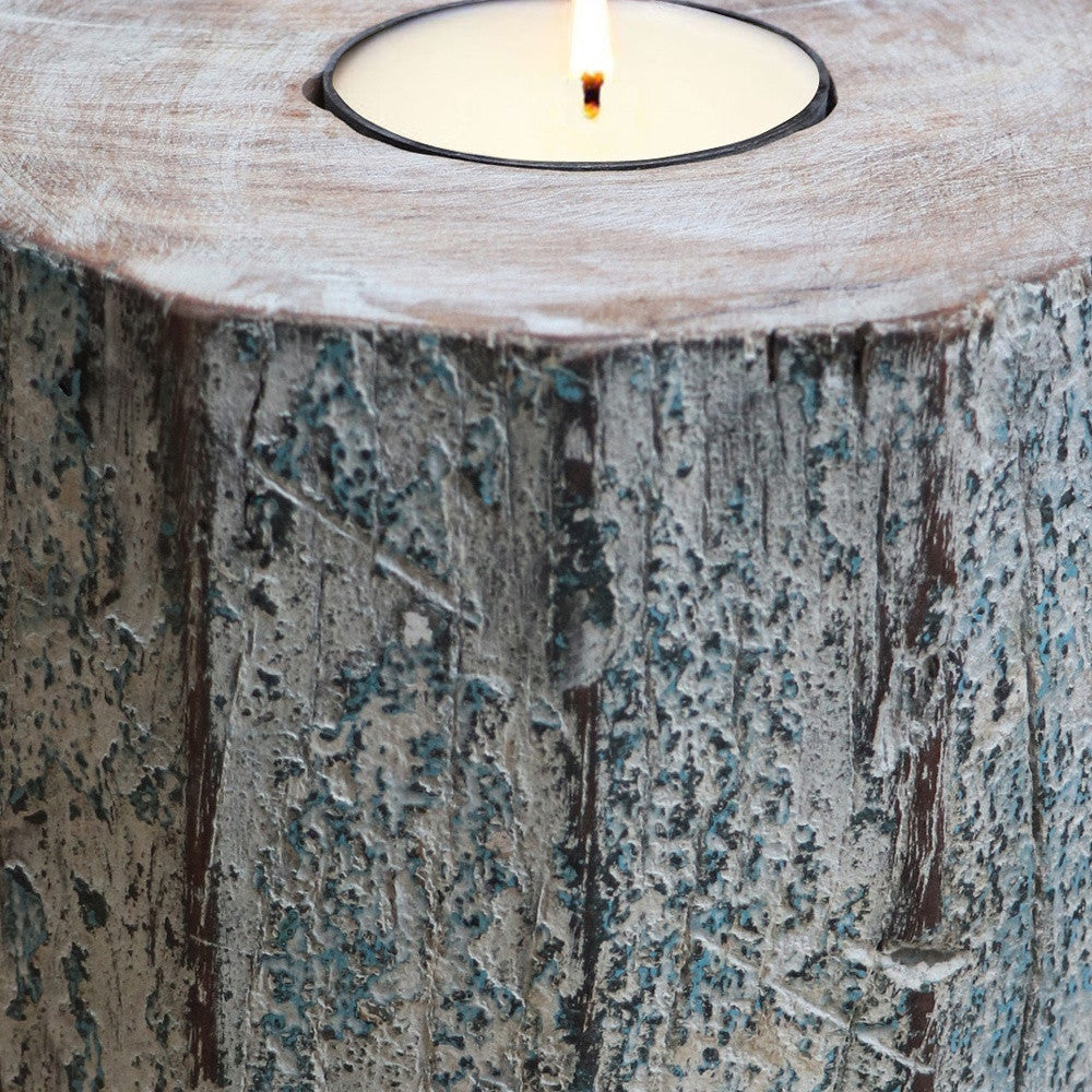 5" Brown And White Solid Wood Tabletop Tealight Candle Holder-Candle Holders-DECOROLALA