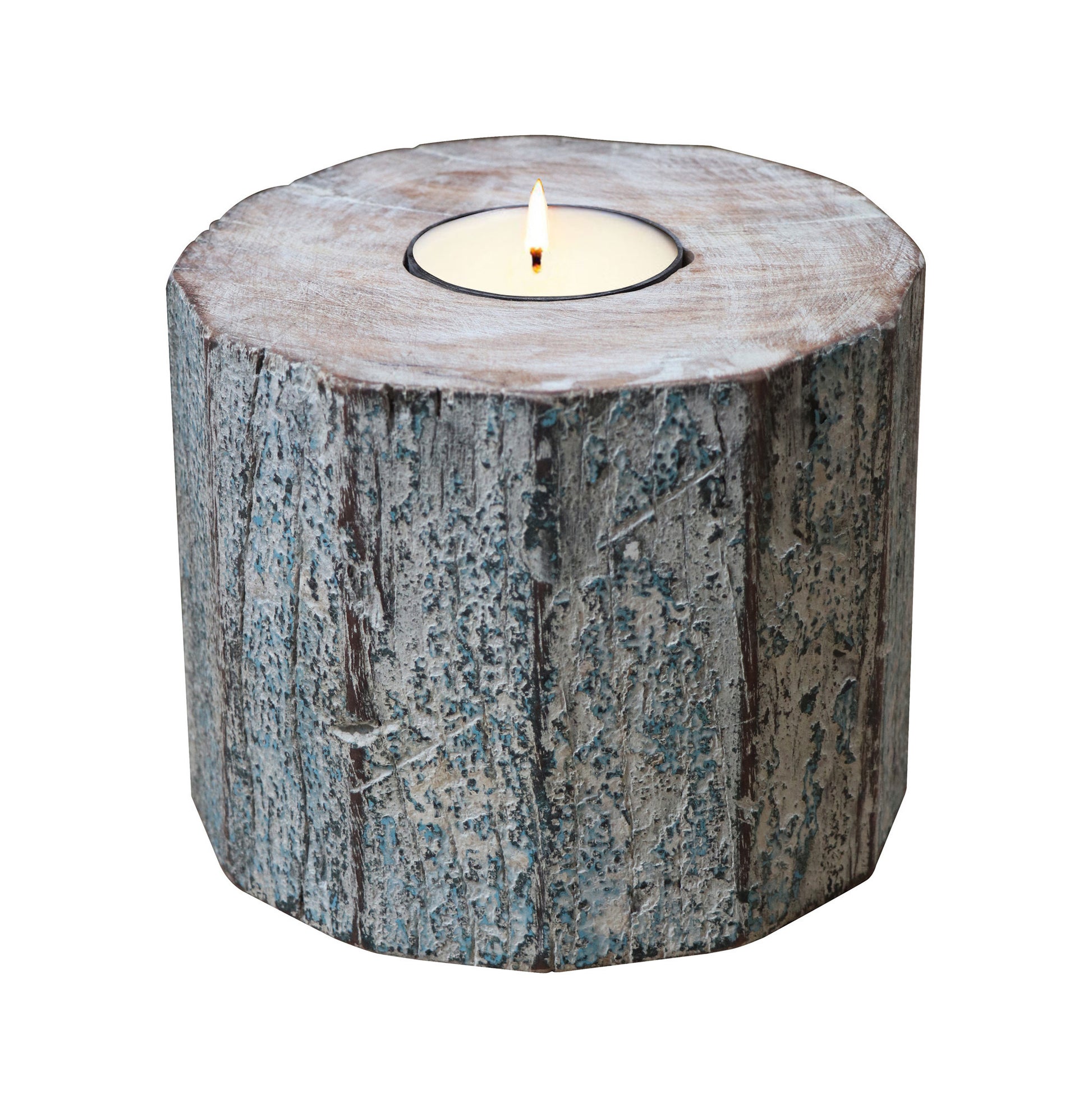 5" Brown And White Solid Wood Tabletop Tealight Candle Holder-Candle Holders-DECOROLALA