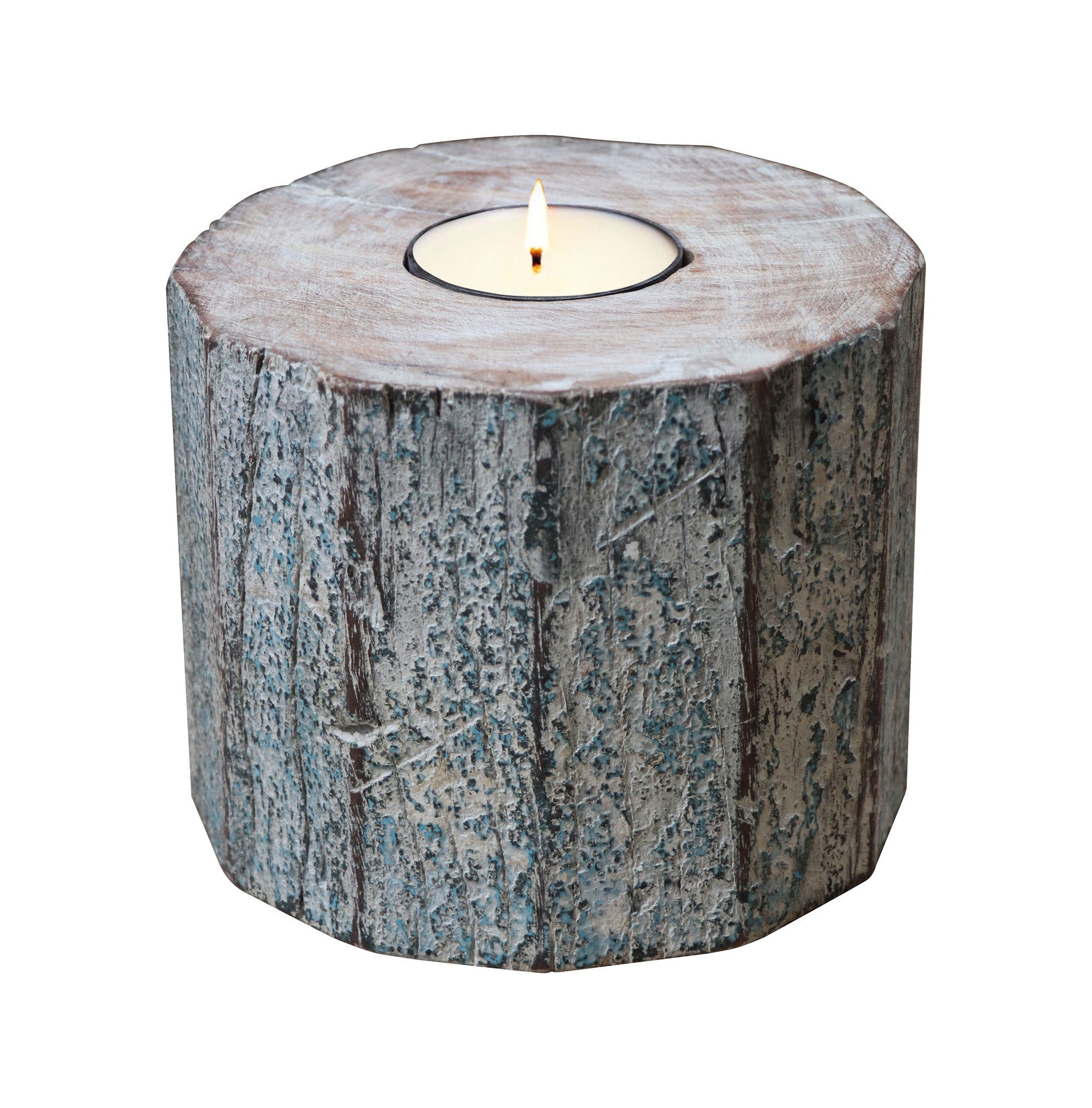 5" Brown And White Solid Wood Tabletop Tealight Candle Holder-Candle Holders-DECOROLALA