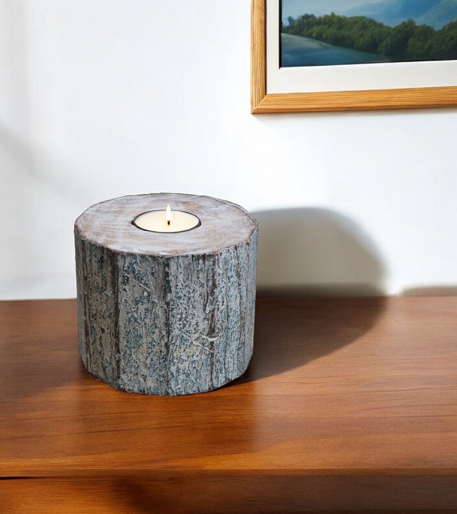 5" Brown And White Solid Wood Tabletop Tealight Candle Holder-Candle Holders-DECOROLALA