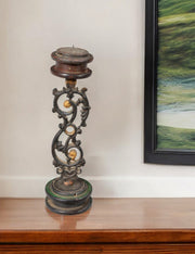 16" Black Distressed Floral Metal Tabletop Tealight Candle Holder-Candle Holders-DECOROLALA
