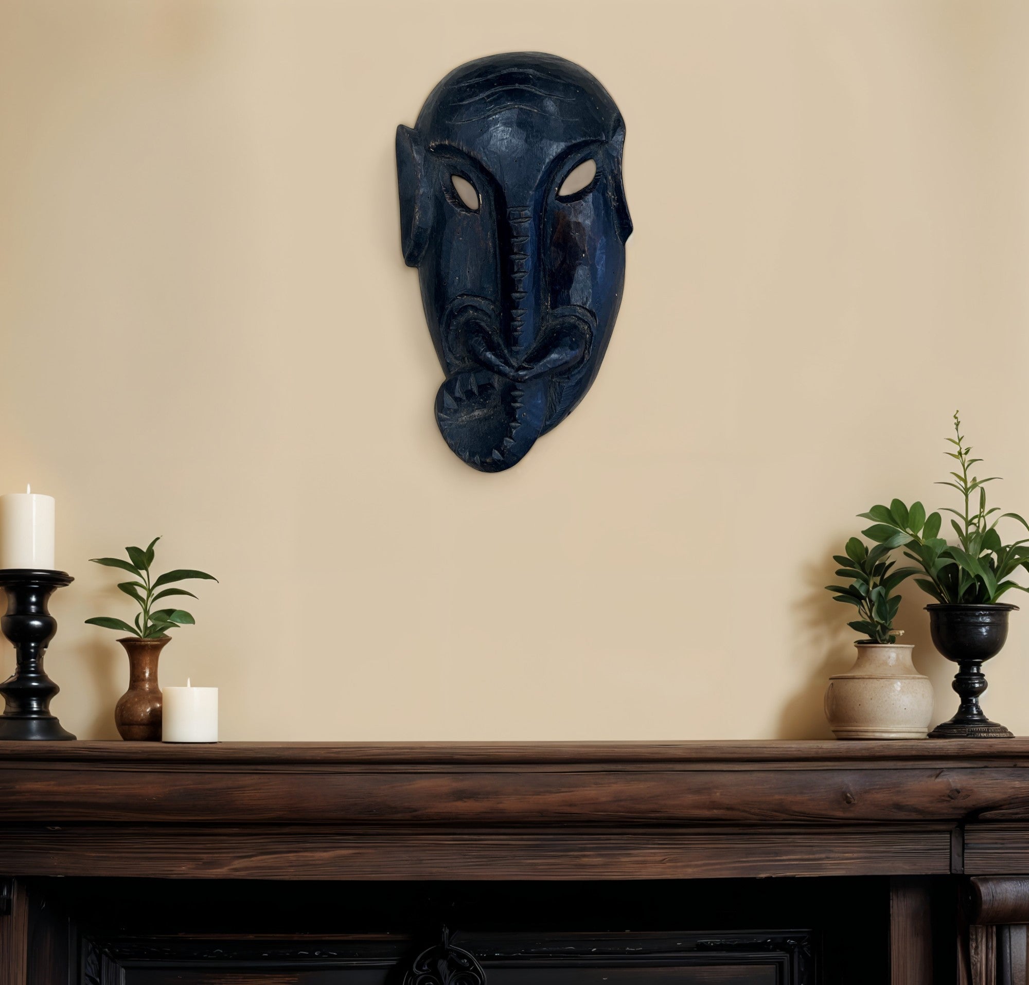 10" Black Solid Wood Decorative Mask Tabletop Sculpture-Sculptures-DECOROLALA