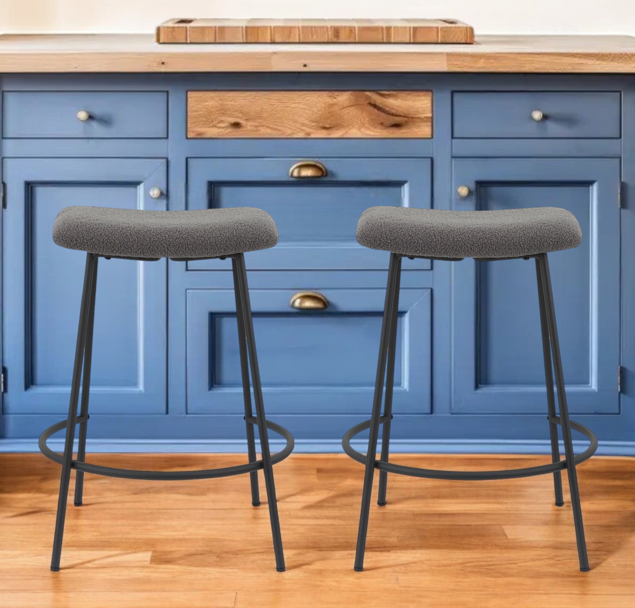 Set of Two 26" Gray and Black Fabric and Metal Backless Counter Height Bar Chairs-0
