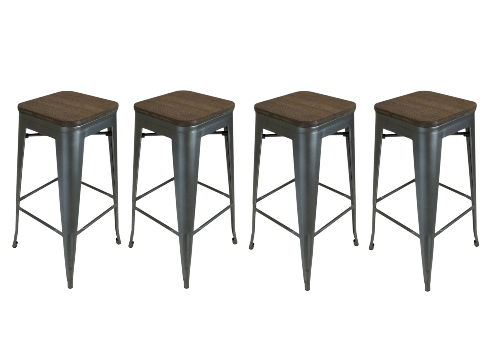Set of Four 26" Brown and Gunmetal Solid Wood and Metal Backless Counter Height Bar Chairs-1